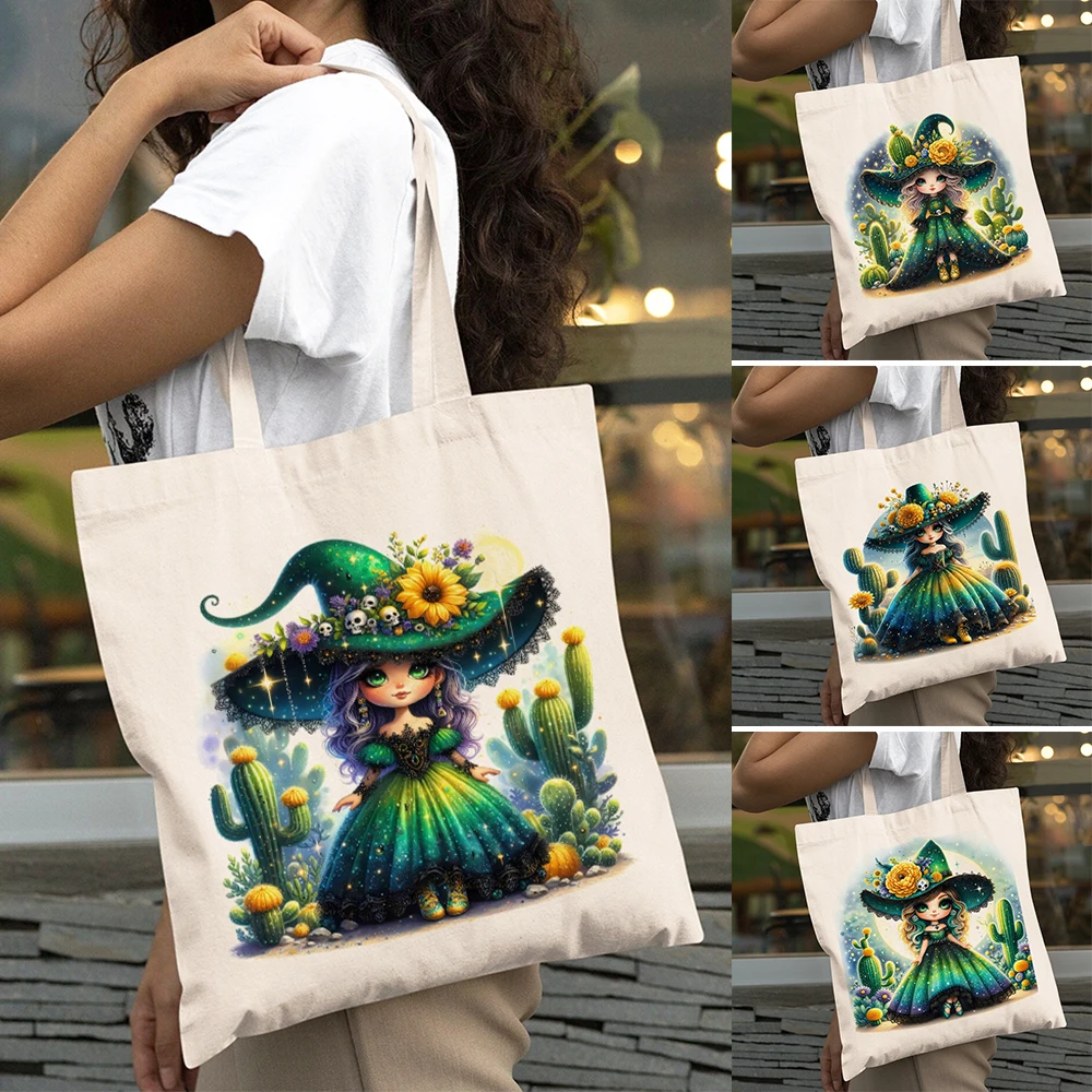 

Green Mexican Cactus Girl Big Shopping Bags Double Print Casual Cartoon Lady Shoulder Tote Reusable Shopper Bag Women Handbag