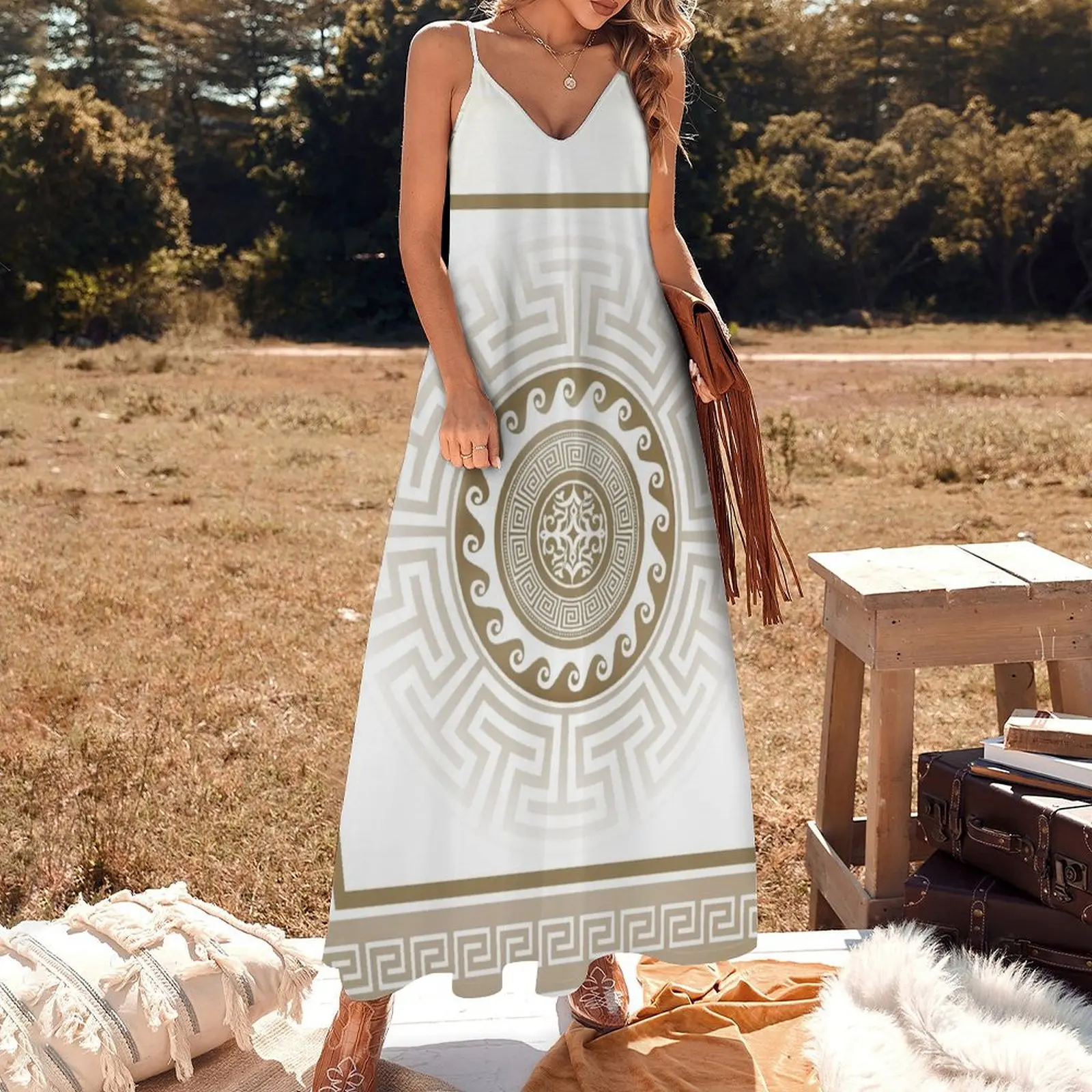 Greek Key Meander Bronze White Sleeveless Long Dress Women dresses summer sexy short dresses daring clothes for woman Dress