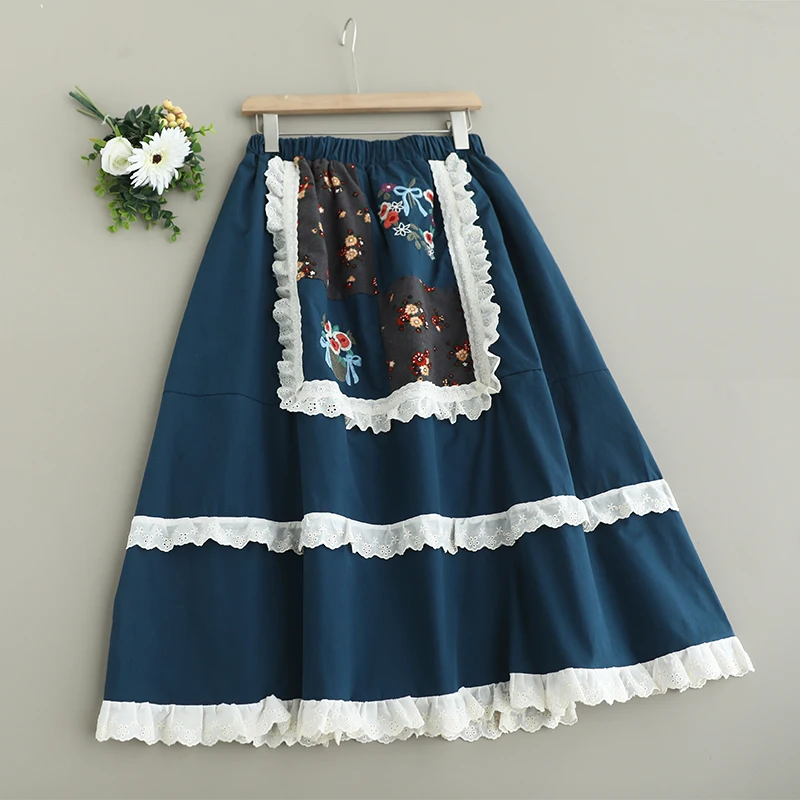 Japanese Vintage Mori Girl Floral Printed Lace Embroidery Patchwork Skirts Women Summer Elastic Waist Casual Kawaii Midi Skirts