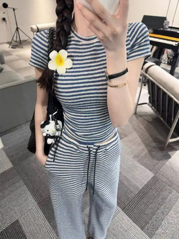 

Summer Casual Sportswear Set Women's Blue Striped Elastic Short Sleeve High Waist Wide Leg Pants Two Piece Suit Cotton Blend