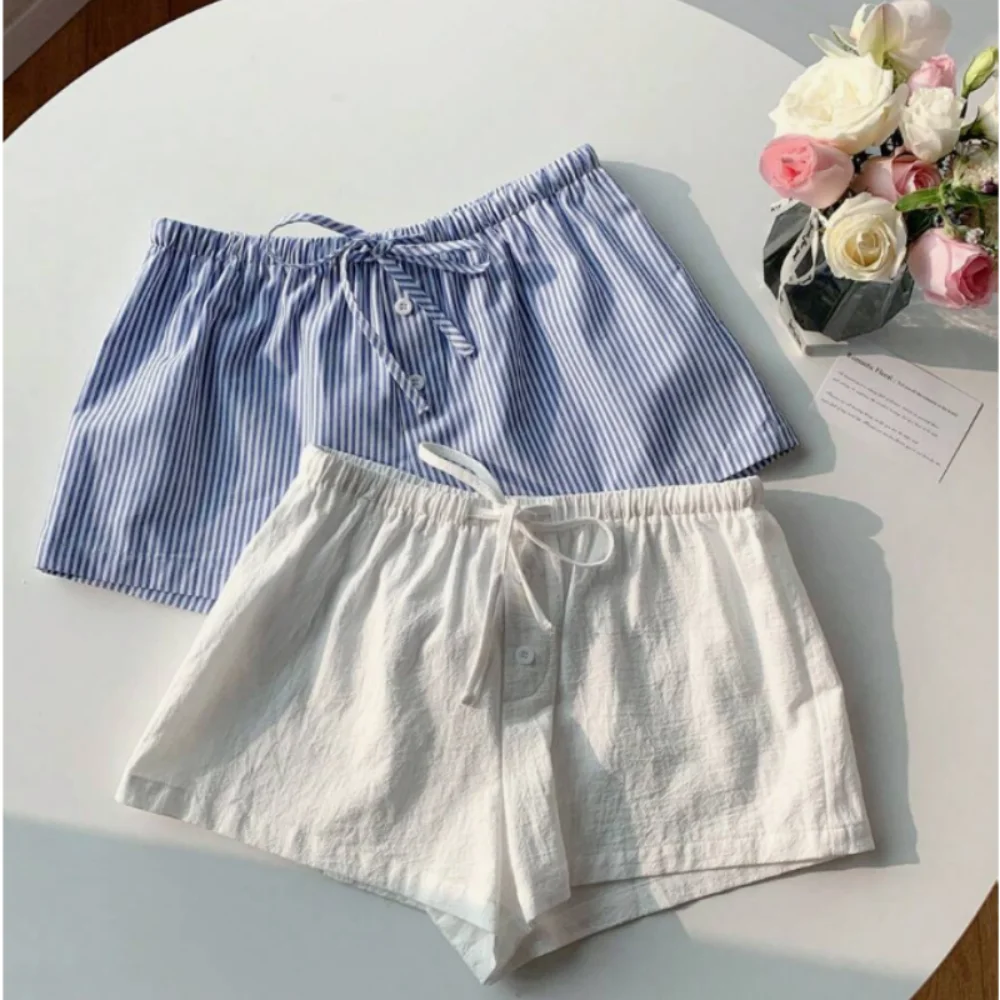 

Elegant Beach Party Club Shorts Fashion Women Striped 2026 New Summer Drawstring Pocket Short Pant Casual Loose Wide Leg Pants