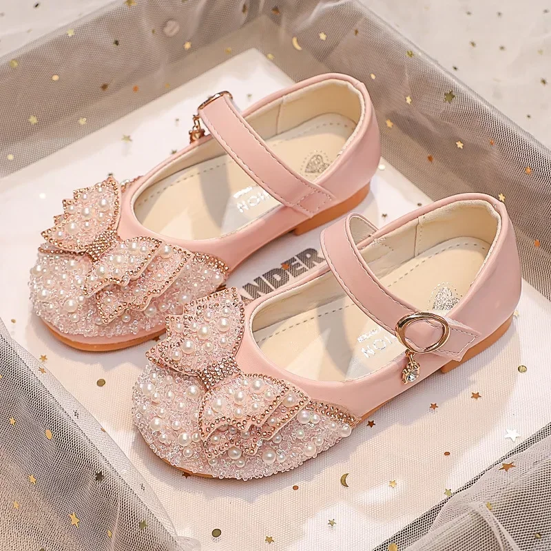 Kids Leather Shoe Spring Autumn Children Princess Shoes Fashion Sweet Rhinestone Bowknot Girls\' Flat Shoes for Wedding Shallow