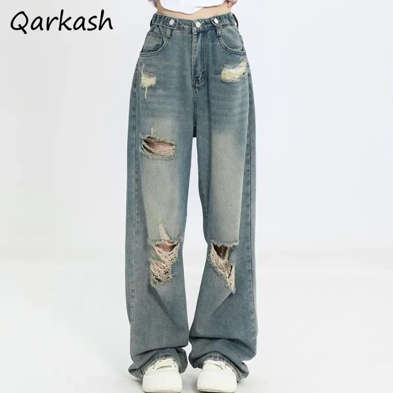 

Джинсы женские в американском стиле ретро рваные с открытыми пуговицами мытые летние студенческие уличные модные с высокой талией полная длина темперамент