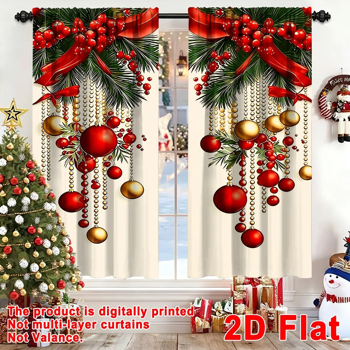 2 Stück Festliche Weihnachtsvorhänge, 60*150cm Polyester-Vorhänge mit Weihnachtskugel- und Bandmustern Fensterdekoration für Zuhause und Feiertage – Detail 1