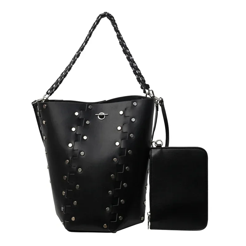 2024 Autumn New Pu Leather Rivets Bucket Bag 2 Pcs/Set Design Women's Vintage Crossbody Motorcycle Bag High Quality Shoulder Bag