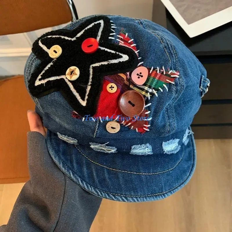 

HX6F Button Star Hat Women Fashion Driver Caps Breathable Newsboys Octagonal Hat