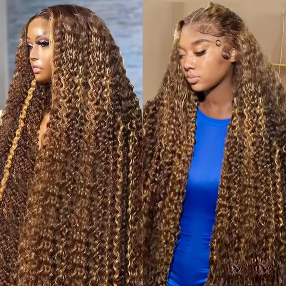 

Glueless Wig Highlight Ombre 13x4 Lace Frontal Deep Wave Wig Ready To Wear Curly 4/27 Brown 7x5 Human Hair Wigs Bleached Knots