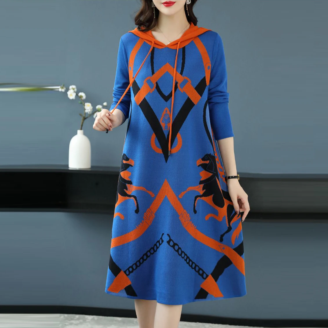 

2023 Autumn Winter Patchwork Hooded Dresses Women's Knitted Print Dresses Female Loose Casual Long Sleeve A-line Dresses