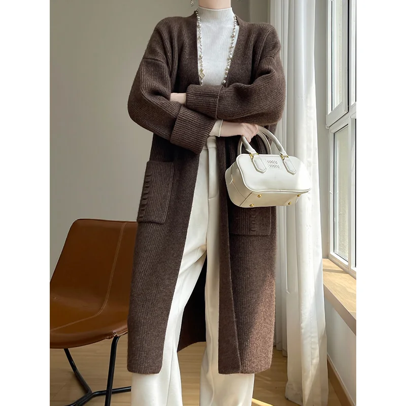 100%Australian Wool Long Cardigan Women\'s Autumn Winter High-Quality Long Sleeved Fashionable Loose Solid Color Knitted Long Top