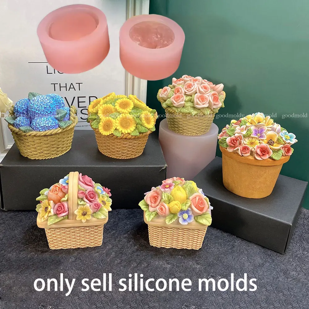 Sunflower Hydrangea Jewelry Storage Box Plaster Mold DIY Rose Flower Basket Candle Resin Silicone Mold Handmade Mold Gift - view 2