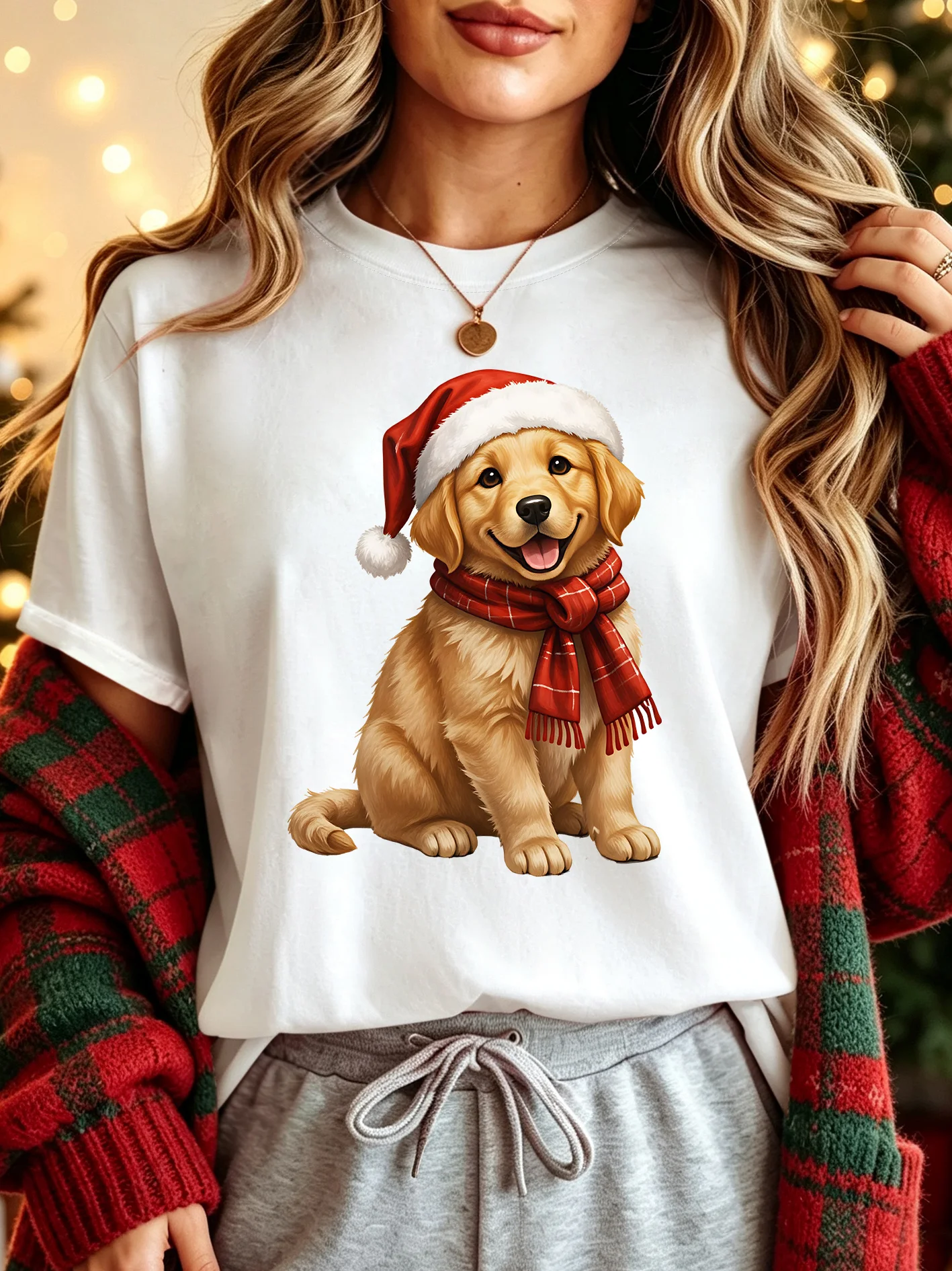 Christmas Golden Retriever Santa Hat Womens Crew Neck Short Sleeve T Shirt Xmas Scarf Puppy Graphic Tees For Ladies Daily Wear