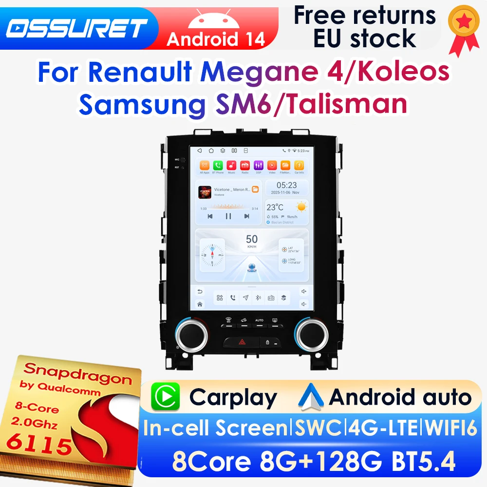2 DIN 9,7 Zoll Vertikalbildschirm Android 14 Autoradio für Renault Koleos Megane 4 Samsung SM6 Talisman 2017-2019 Auto-Multimedia-GPS-Player Wireless Carplay Android Auto 4G DSP BT Mirror Link SWC