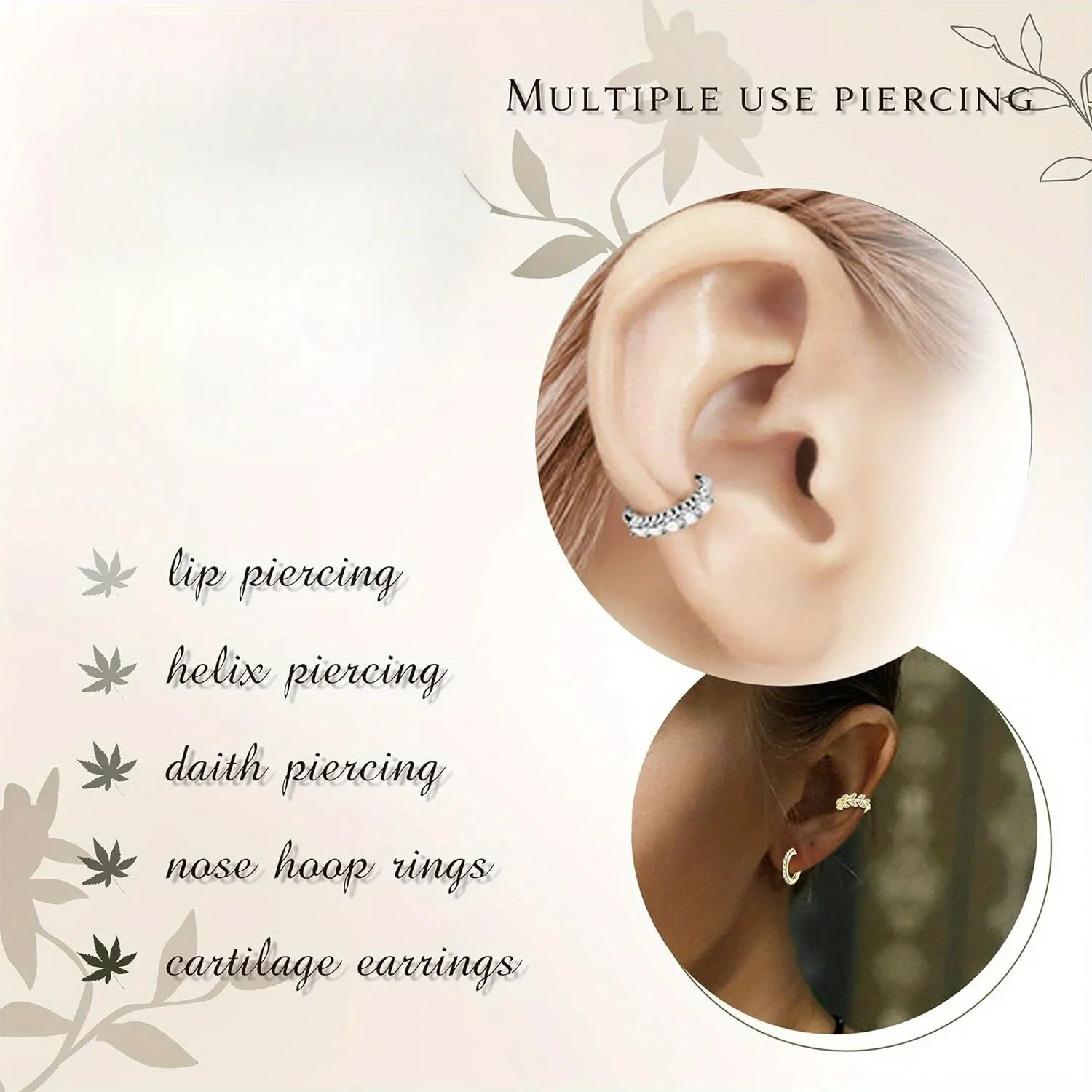 Drperfect Edelstahl-Nasenring mit CZ-Besatz, Blatt-, Feder- und Blumenmuster, Nasen- und Ohrknorpel-Piercingring – Detail 2