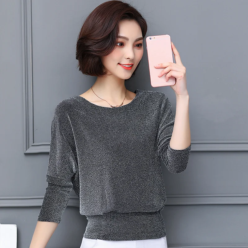 #1662 Spring Autumn Bright Silk Mesh T Shirt Women Batwing Sleeve Loose Short T Shirt Female Office Elegant Womens Tee Shirts