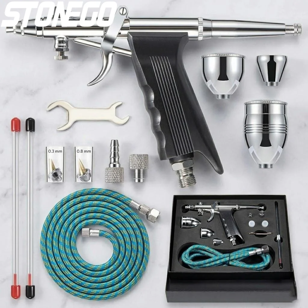 

Набор для аэрографии: пистолет двойного действия, иглы 0,3, 0,5, 0,8 мм, стаканчики для краски 2, 5, 13 мл, принадлежности для ногтей, декора тортов, тату и художественных работ