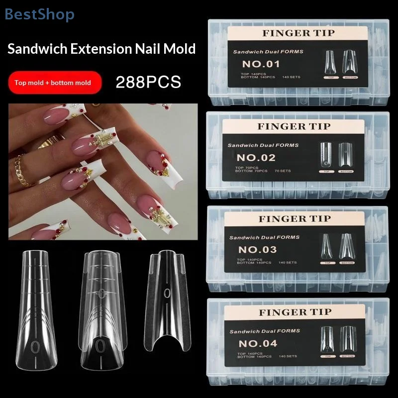 140/280 Stuks Sandwich Dual Nail Forms Extensions-Dual Forms Top Bottom Mold Lange Vierkante Amandel Nail Art vormen Manicure Tool