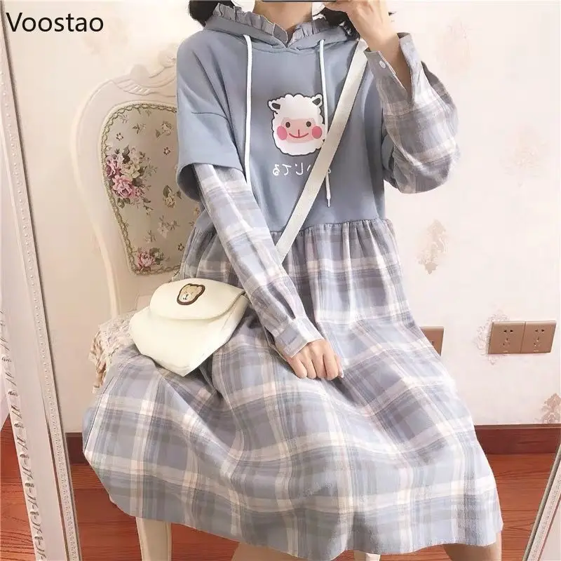 Japanese Kawaii Lolita Style Dress Women Sweet Plaid Patchwork Ruffles Loose Dresses Korean Fashion Cartoon Sheep Print Dress