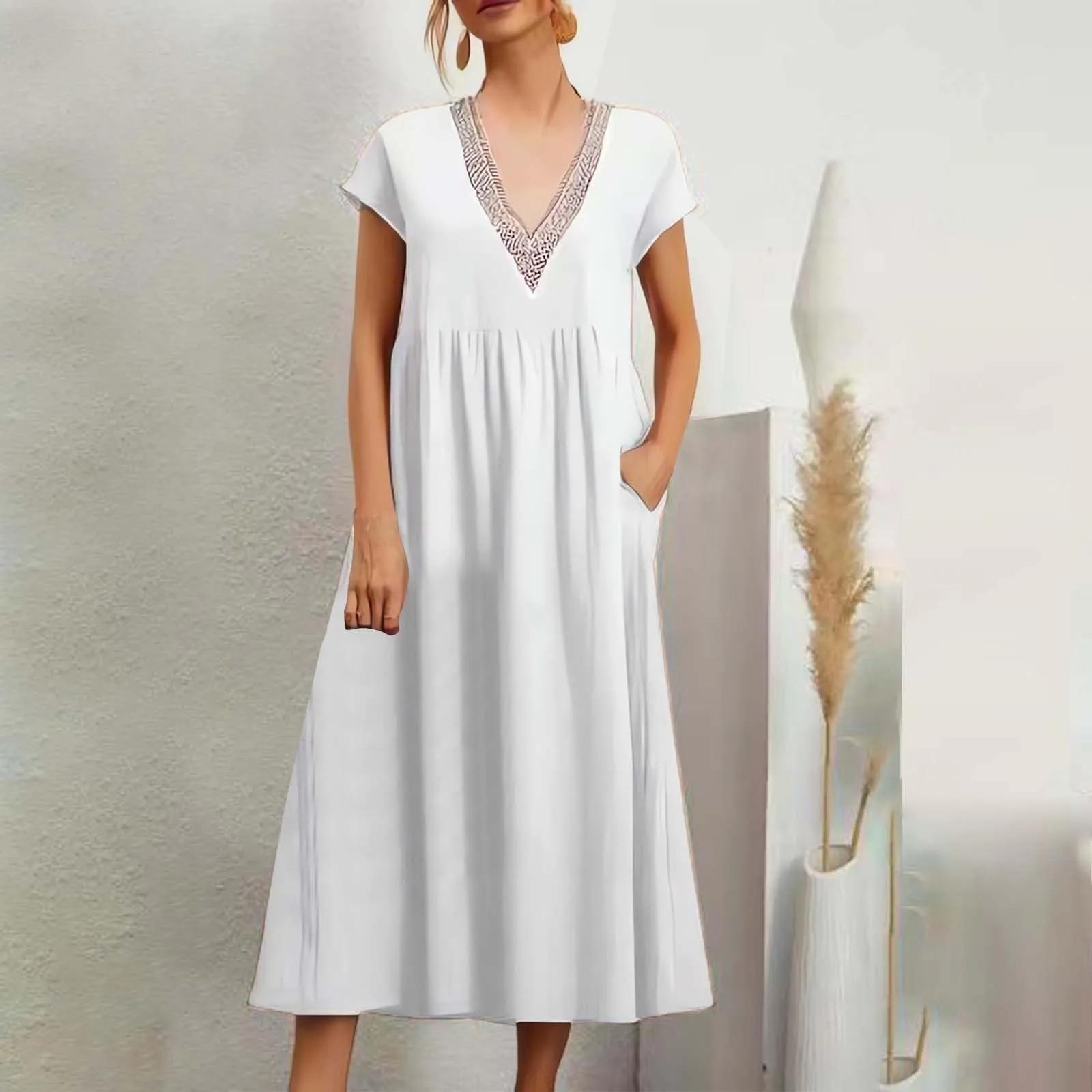 2024 Europe And The United States Summer Women'S New Fashion Elegant V-Neck Lace Pocket Short-Sleeve Dress Cotton Loose Casual