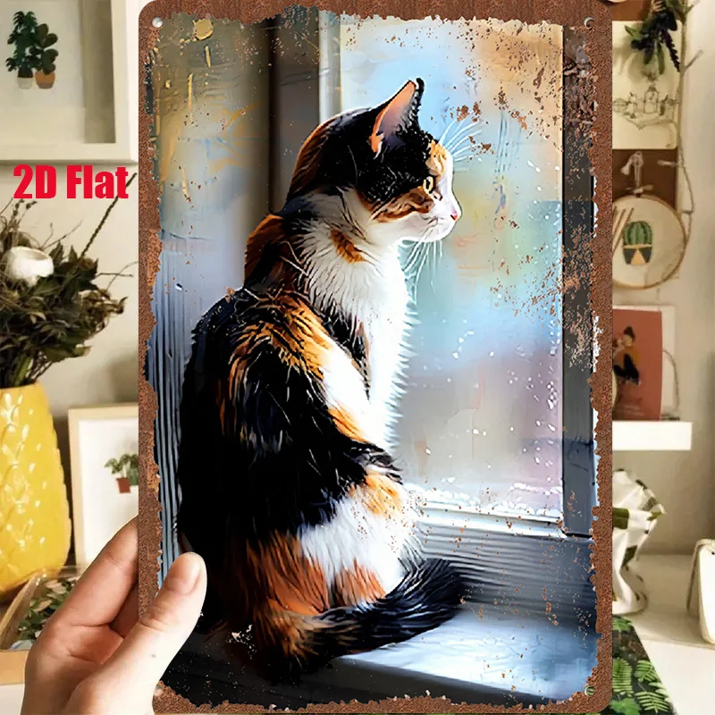 2D Flat, 1pc 2D [Flat] Metal Sign Vintage Tin Painting: A Calico Cat Gazing Out the Window, Raindrops Gently Tapping the Glass