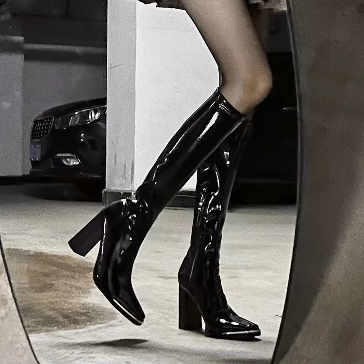 

2025 модные металлические сапоги до колена на массивном каблуке с квадратным носком, новинка 2025 года, женские модные ботинки для верховой езды, увеличивающие рост и изготовление ног