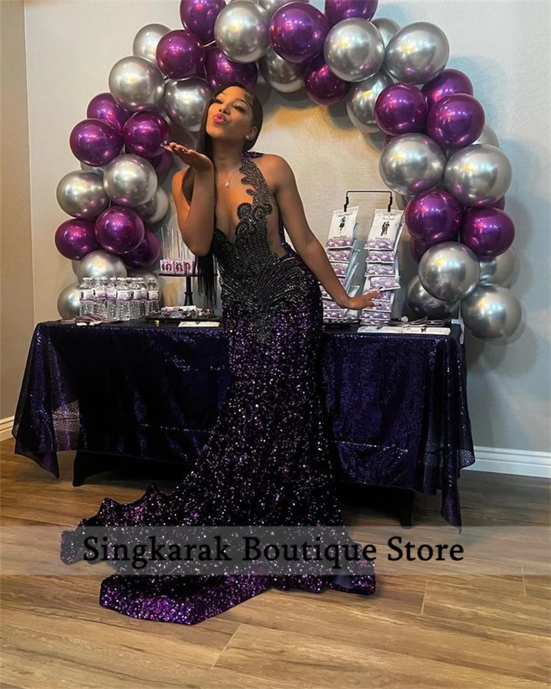 Sparkly Diamonds Purple Long Prom Dress 2024 For Black Girls Beads Crystals Rhinestones Birthday Party Reception Robe