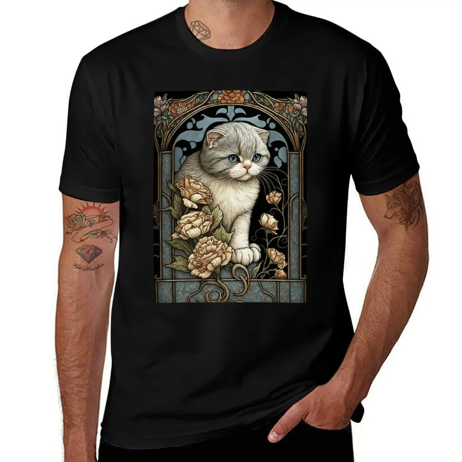 

Scottish Fold Cat - Art Nouveau Style T-Shirt luxury t-shirt topping blacks Men's cotton t-shirt