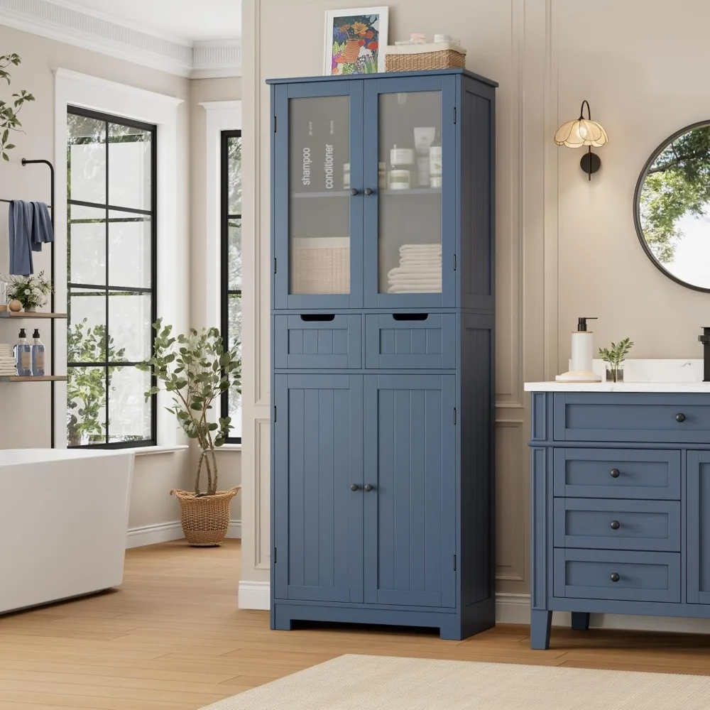 

67" Tall Bathroom Storage Cabinet, Freestanding Storage Cabinet with Glass Door and Shelves, Kitchen Pantry with 2 Drawers for