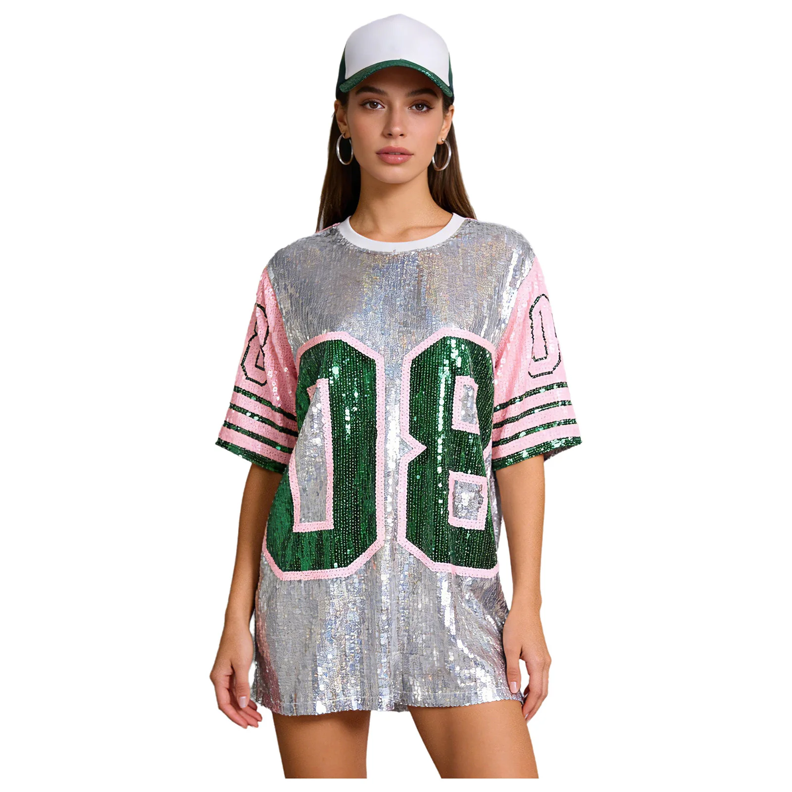 Womens Hip Hop Sporty T-shirt Allover Sequins Number Graphic 3/4 Sleeve Oversized Blouse Top for Watching Ball Game Rave Party