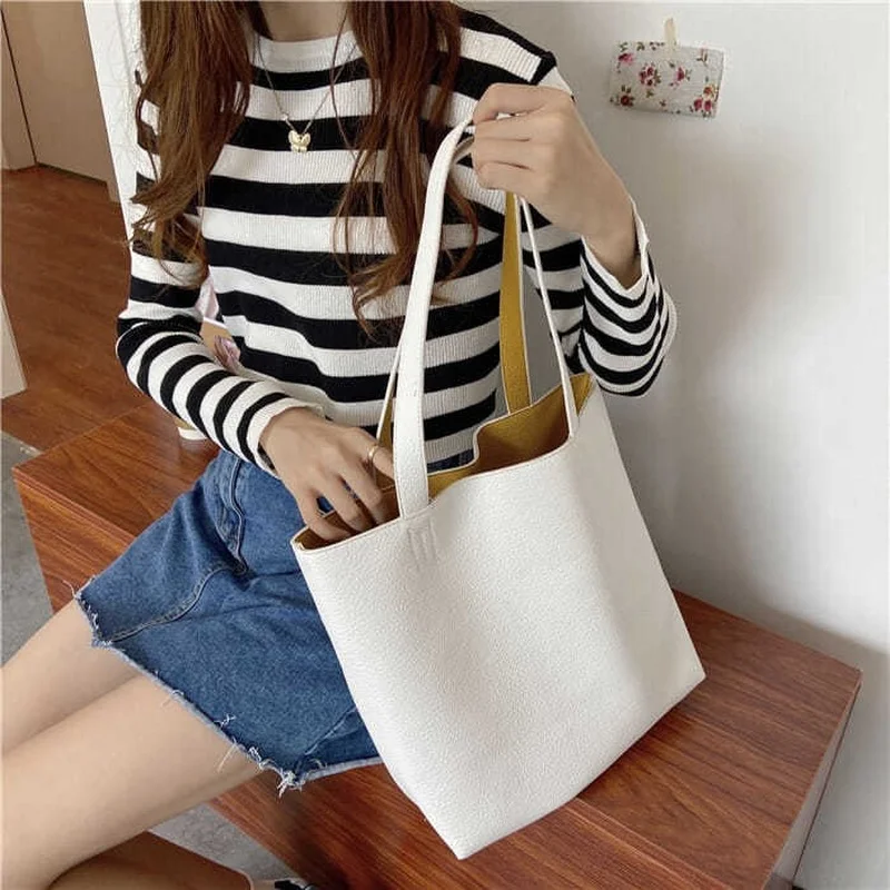 Tote Bag Women\'s 2022 New Large-capacity Soft Leather Double Sided Design One-shoulder Large Shopping College Girl\'s Bag