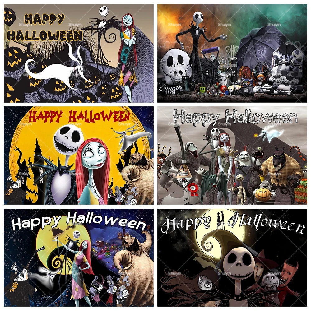 

Jack Skellington Happy Halloween Party Decor Background Horror Pumpkin The Nightmare Before Christmas Kids Photography Backdrops