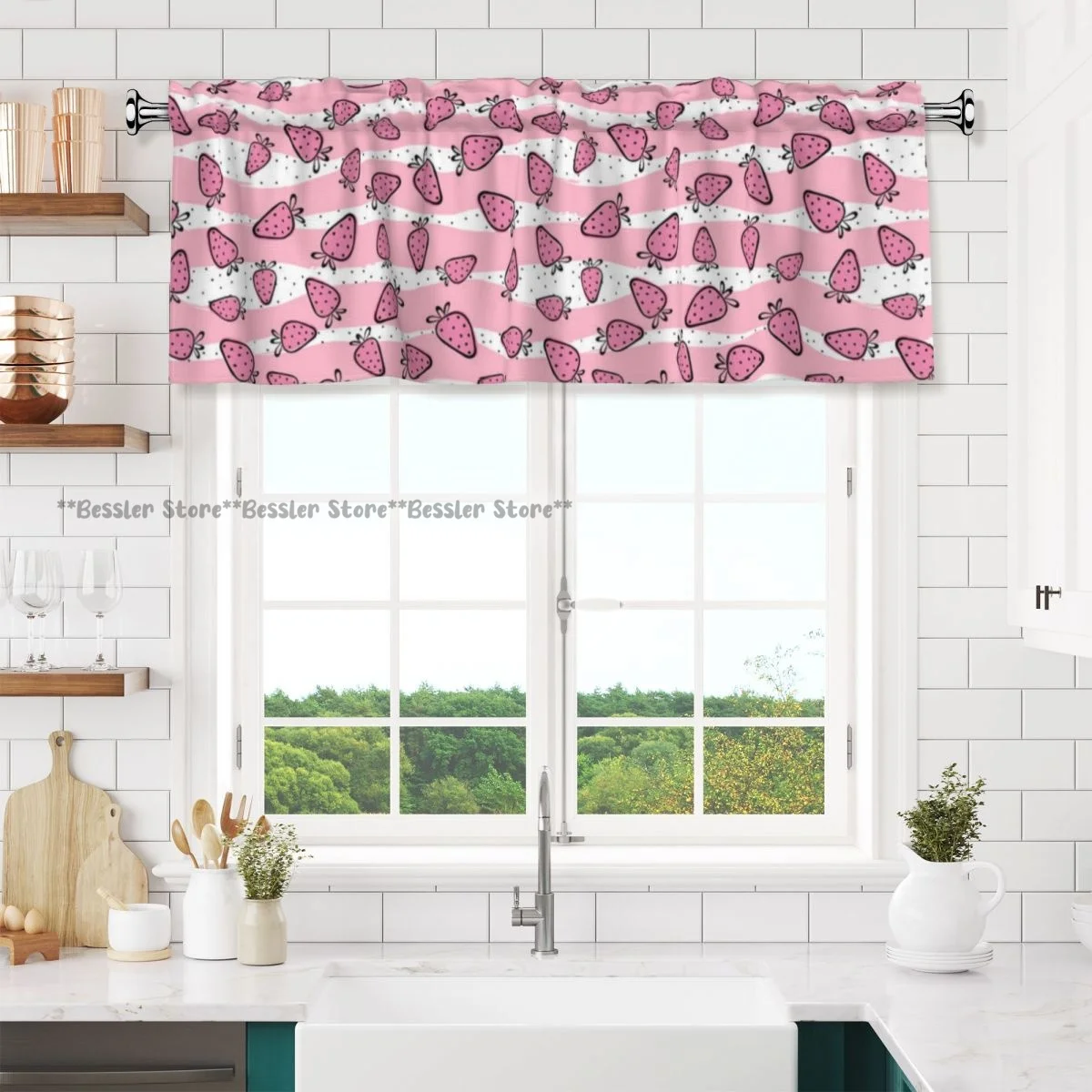 Short Curtain Valance For Kitchen Cafe Barrier Sweet Strawberry On Stripes Background Small Half Curtain