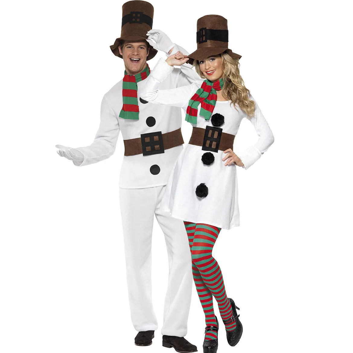 

Christmas Snowman Costume Adults Men Women White Clothes Pants Dress Hat Party Cosplay Couple Set Dress up Suit