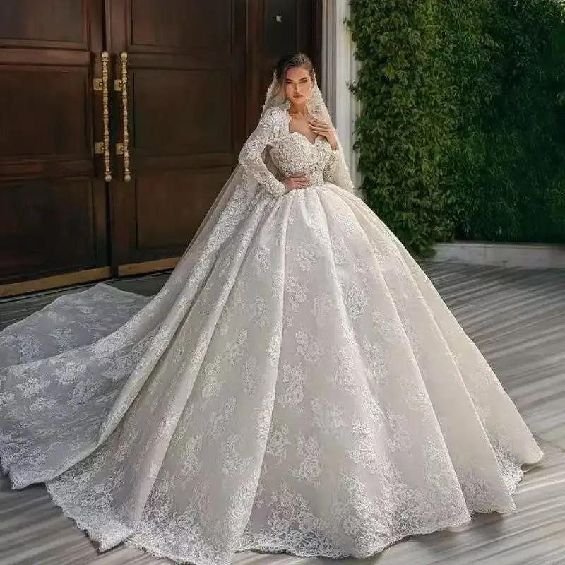 Customized Luxury Royal Ball Gown Wedding Dresses Long Sleeves Wedding Dresses Lace Bride Gown Robe Vestido De Noiva
