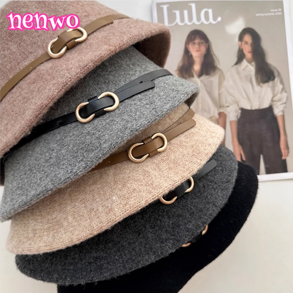 

Твидовая рыбацкая шляпа в стиле ретро в стиле Хепберн с кожаной пряжкой, женская осенне-зимняя универсальная элегантная светская высококачественная стильная шляпа