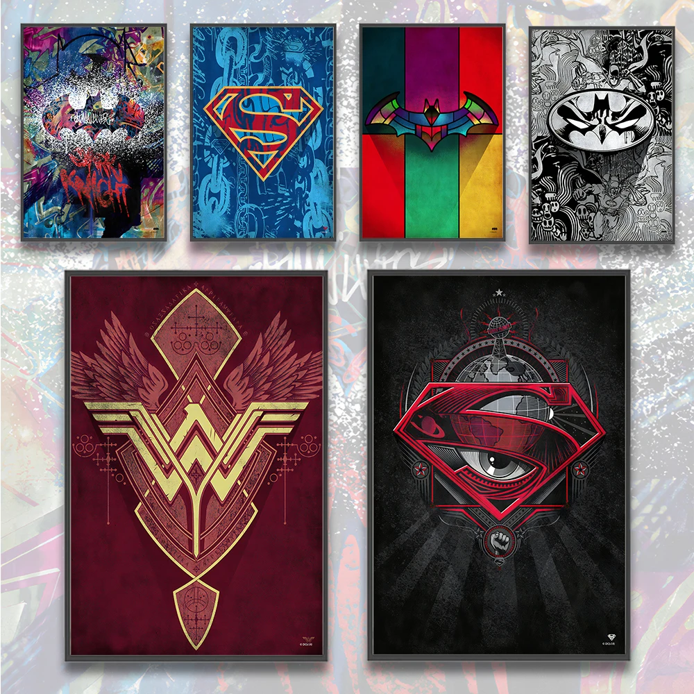 DC Superman Logo Self-adhesive Poster Movie Wallpaper Figures Home Decoration Painting Wall Art Batman Room Decor Kids Gift