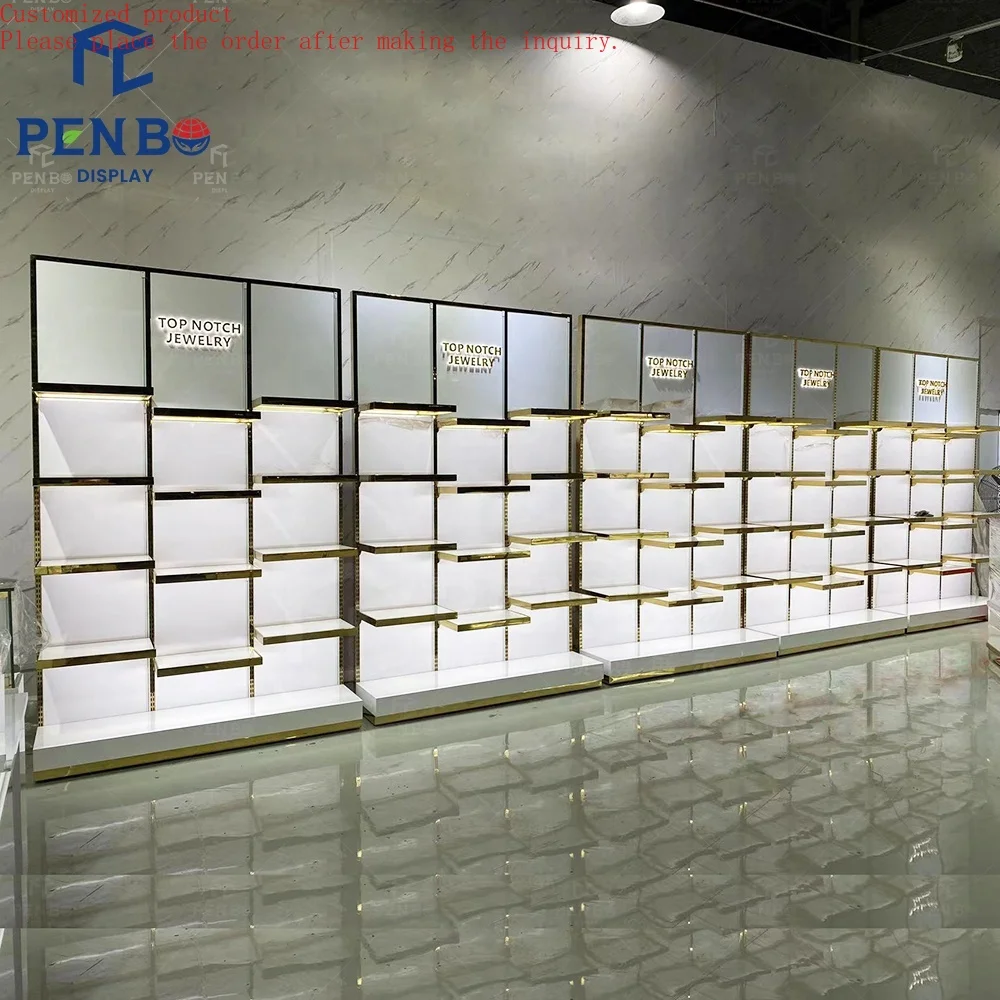 

Custom.Customized Luxury White & Gold Jewelry Display Cabinet LED Handbag Showcase Wall Premium Retail Store Interior Fixtures