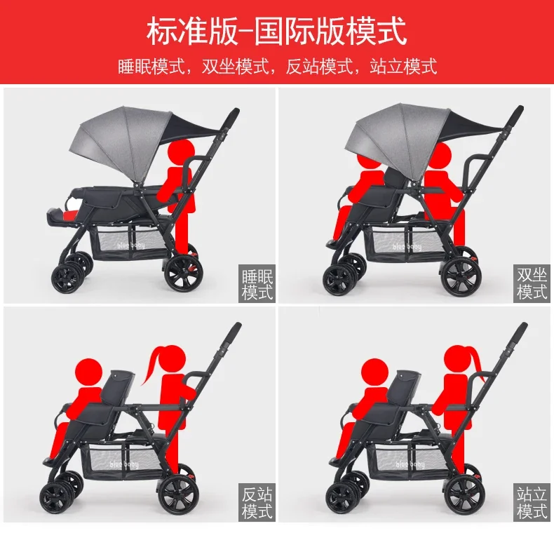 Twin Baby Stroller Two Person Stroller Two Child Handcart Detachable Front Rear Seats Lightweight Folding Sitting Lying Down