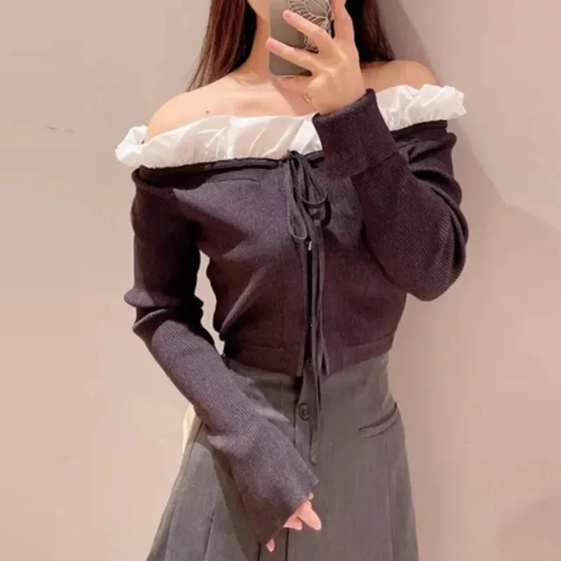 Ruffled Off Shoulder 2024 Woman Cardigan Long Sleeve Ropa Mujer Japanese New Outerwears Autumn Sweater Knitted Cardigans