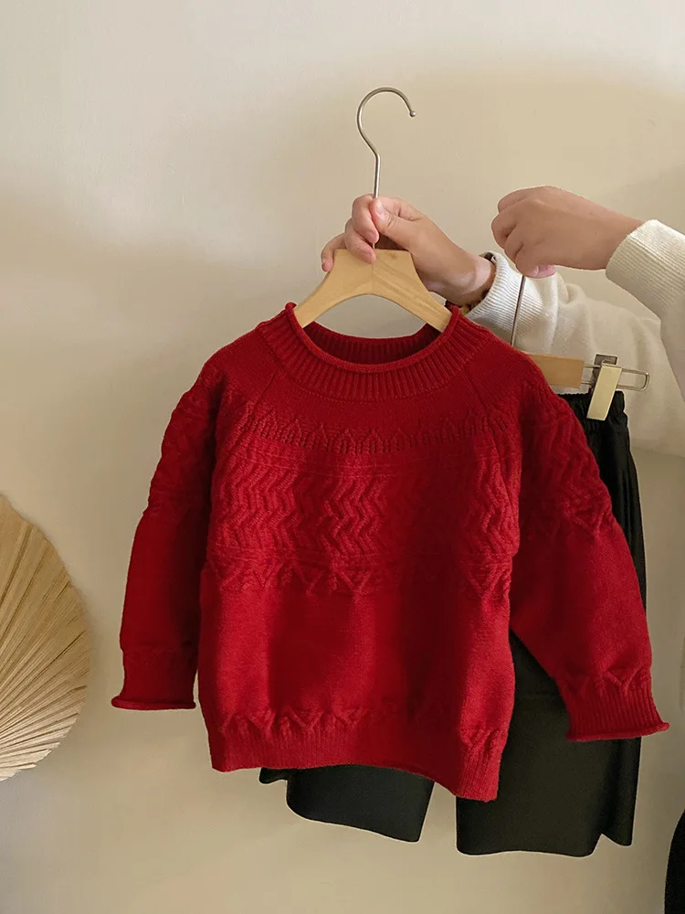 

Girls' Stylish Rolled Hem Knitted Red Sweater Autumn Winter New Fleece Lined Warm Leather Pants Set Trendy