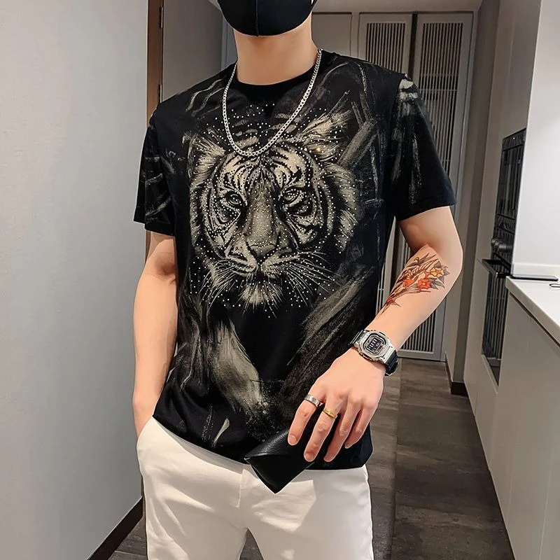 Men's Summer Short Sleeve Rhinestone Tiger Head Print T-Shirt Fashion Streetwear Viral Trendy Top​