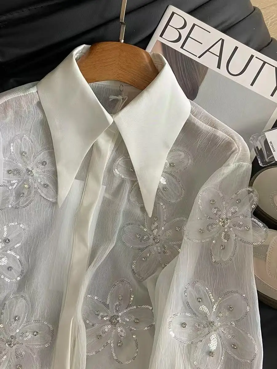 2025 outono verão nova tendência solta diamante lantejoulas flor bordado camisas de festa blusas para mulheres de manga comprida topo camisas