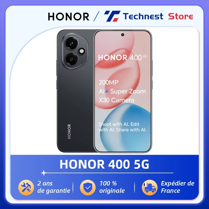 Version UE du smartphone HONOR 400 5G, processeur Qualcomm Snapdragon 7 Gen 3, appareil photo principal IA ultra-clair 200MP, batterie 5300 mAh