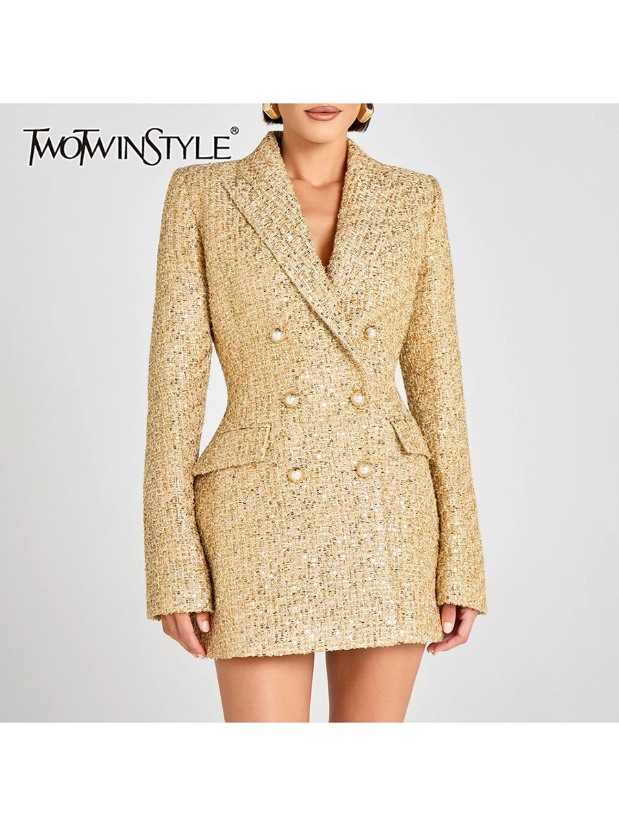 

TWOTWINSTYLE, утягивающее темпераментное пальто с блестками для женщин, туника с лацканами и длинными рукавами, лоскутное двубортное пальто, женское