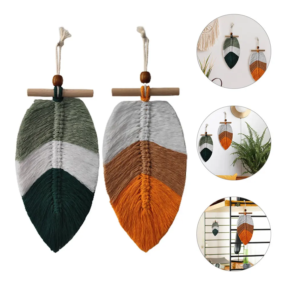 2Pcs Woven Leaf Macrame Wall Hanging Decor for Living Room Bedroom Nursery Farmhouse Modern Rustic Home Wall Art Tapestry