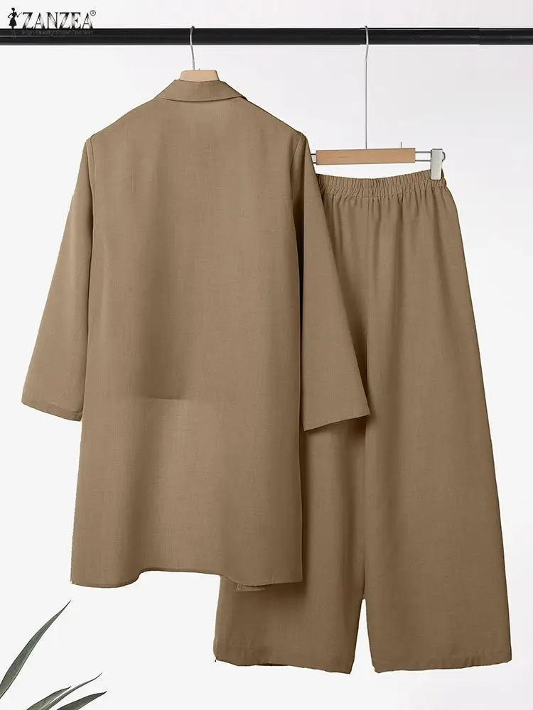 ZANZEA Stijlvolle 2-delige broeksets Dames Asymmetrische zoom Lange shirts en wijde pijpen Broek Past Outfits Effen kleur Woon-werkkleding