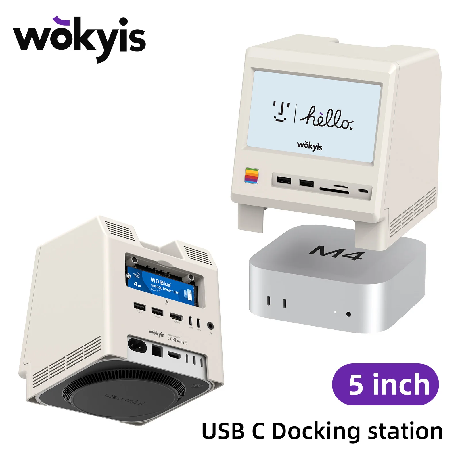 Wokyis M5 10Gbps Mac mini M4 Dock 5 بوصة Full HD IPS شاشة USB-C HUB شاشة عرض مع حاوية M.2 SSD #1