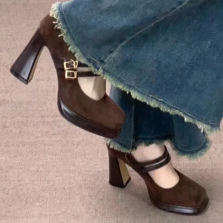 Vintage Thick High Women Mary Jane Shoes Banquet Party Buckle Strap Pumps New Women's Elegant Dress Shoes
