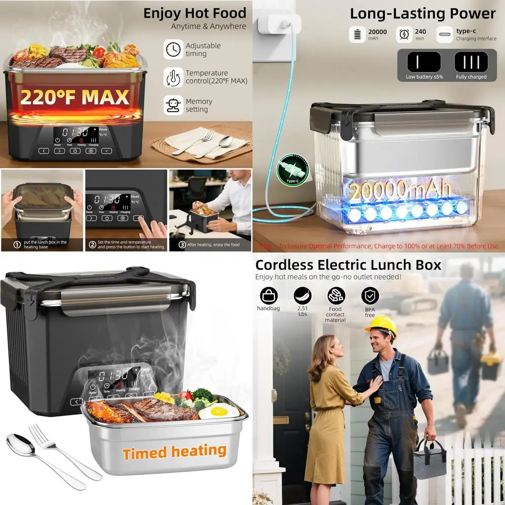 

Портативный электрический ланч-бокс на 1,2 л, аккумулятор 20000 мАч, автоматическое нагревание, без БФА