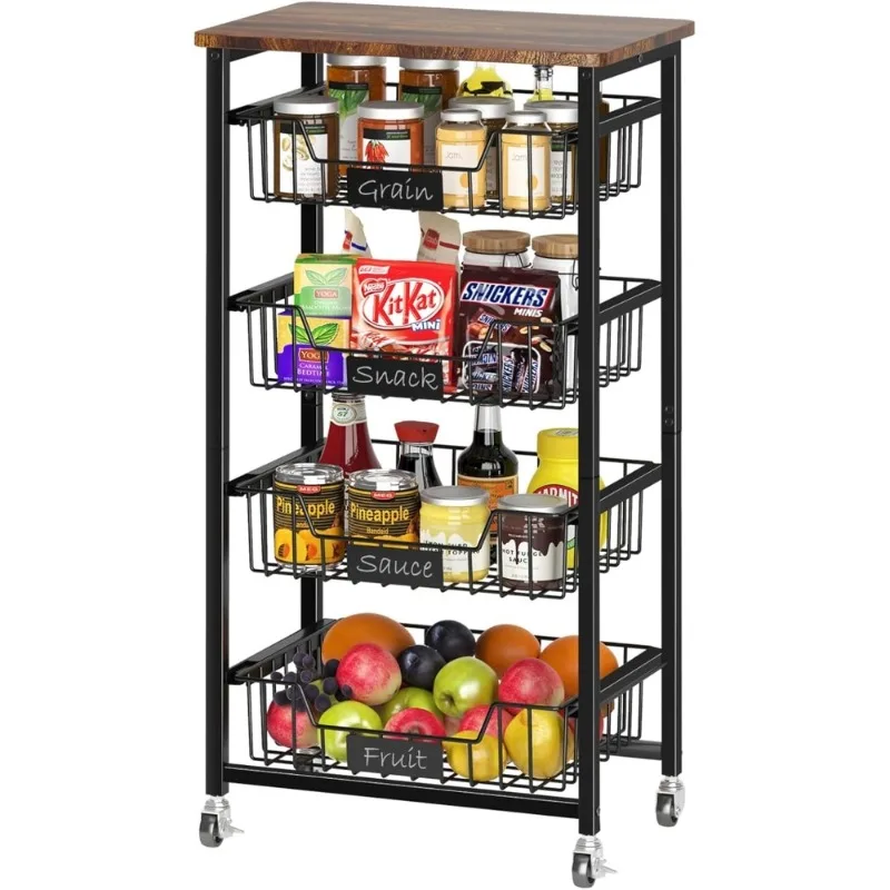 

Kitchen Storage Cart with Wheels, 5-Tier Metal Utility Rolling Cart Fruit Vegetable Storage Basket Pantry Rack with Wood Top & P