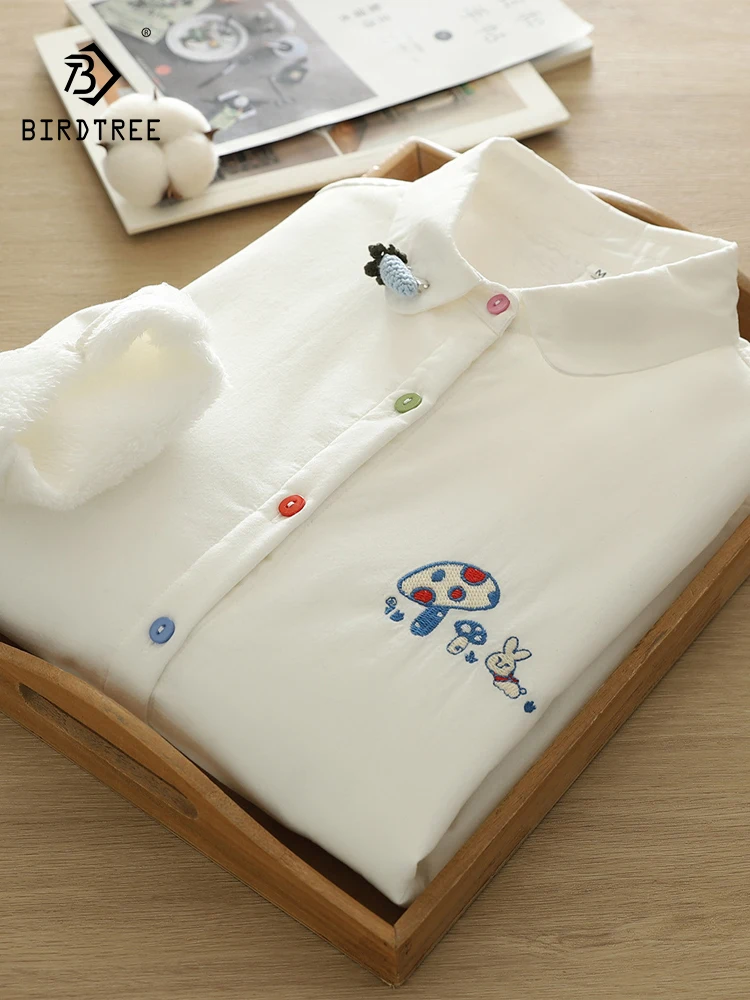 

Новинка 2025, осенняя хлопковая флисовая рубашка с длинными рукавами, женская отложной воротник с вышивкой, теплая свободная блузка Mori Girl T5O018CC